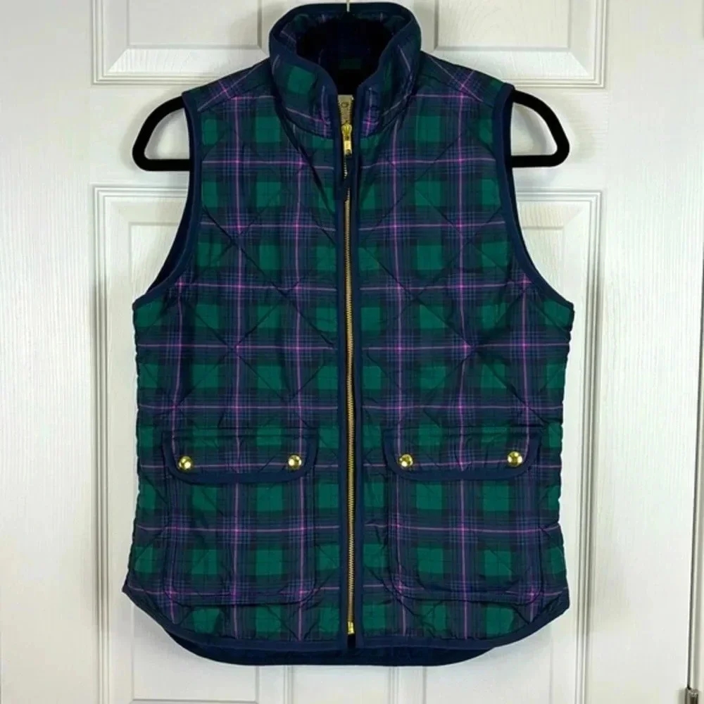 J. Crew navy, green and purple tartan zip up puffer vest sz xs